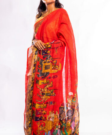 Red, Kalamkari Multicolor Pure Linen Saree