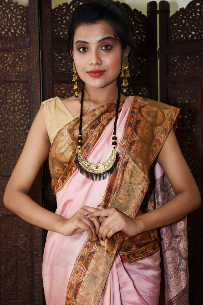 Pink Kalamkari Tussar Silk Digital Printed Saree