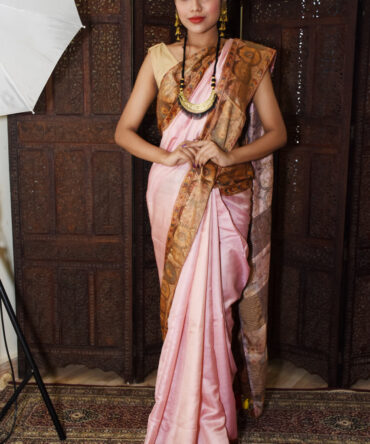 Pink Kalamkari Tussar Silk Digital Printed Saree