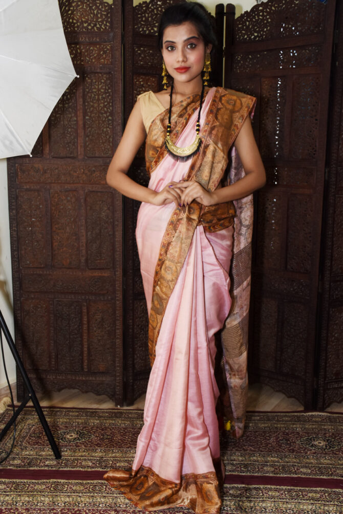 Pink Kalamkari Tussar Silk Digital Printed Saree