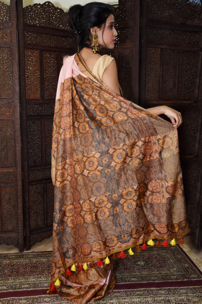 Pink Kalamkari Tussar Silk Digital Printed Saree