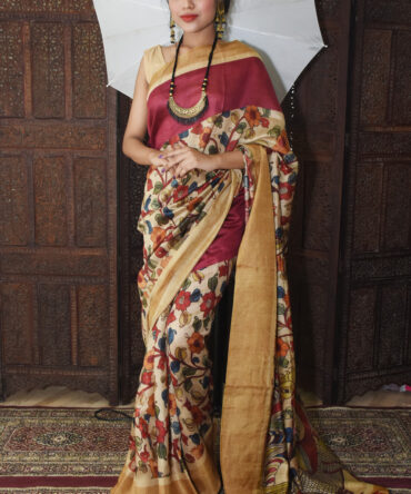 Maroon Kalamkari Moonga Silk Printed Saree