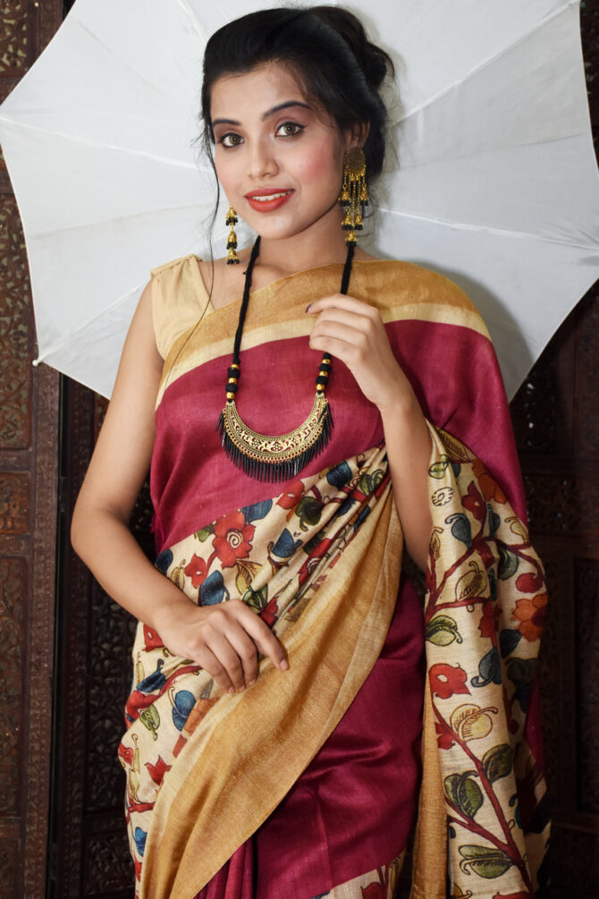 Maroon Kalamkari Moonga Silk Printed Saree