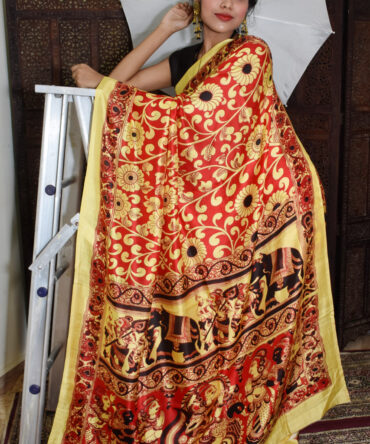 Red Floral Kalamkari Silk Digital Printed Saree