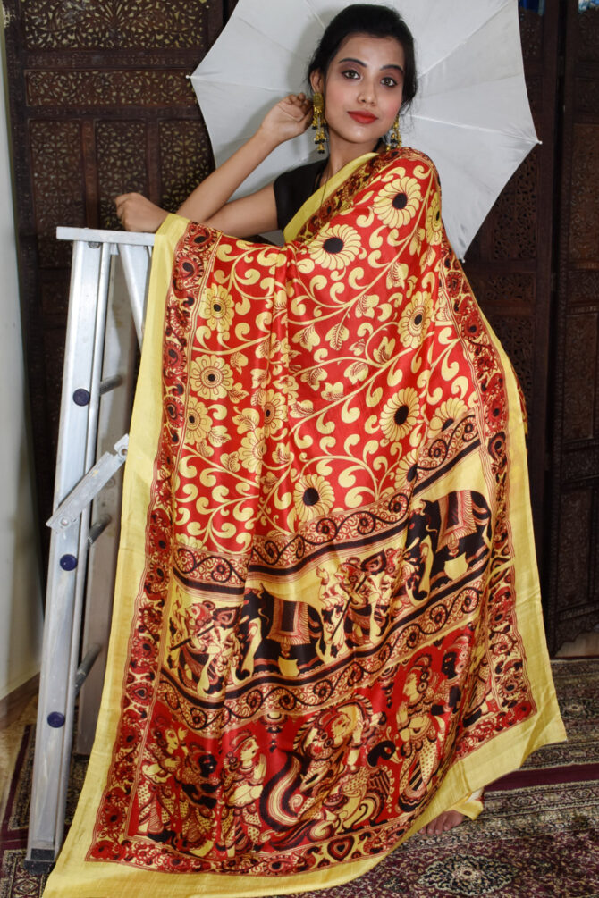 Red Floral Kalamkari Silk Digital Printed Saree