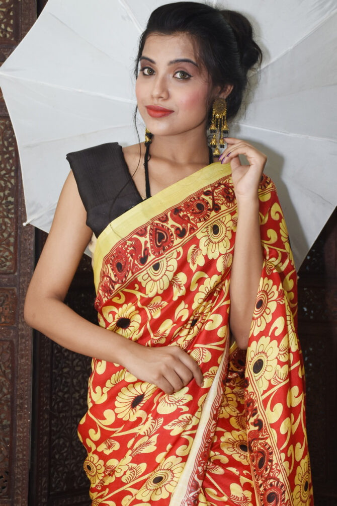 Red Floral Kalamkari Silk Digital Printed Saree