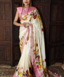 Off-White Pink Floral Mulberry Tussar Saree