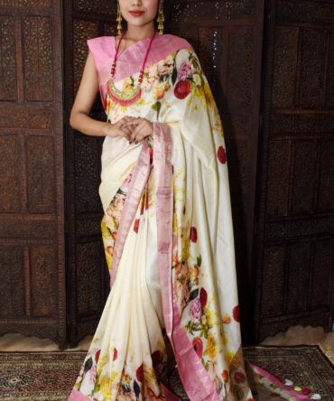 Off-White Pink Floral Mulberry Tussar Saree