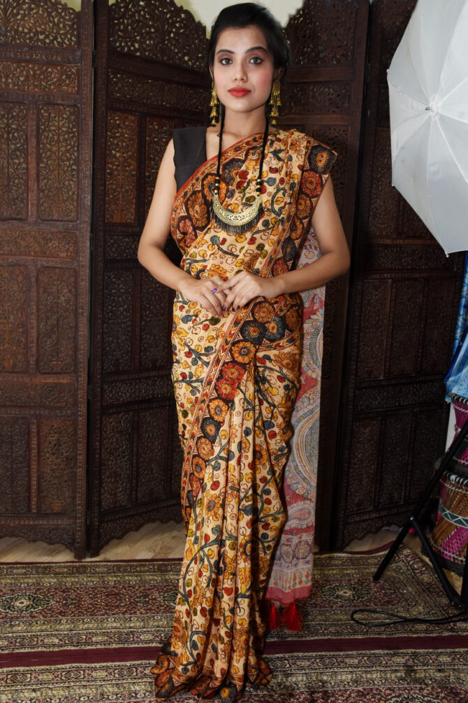 Multicolor Kalamkari Crepesilk Printed Saree