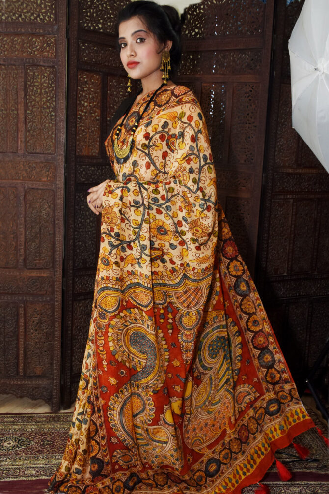 Multicolor Kalamkari Crepesilk Printed Saree