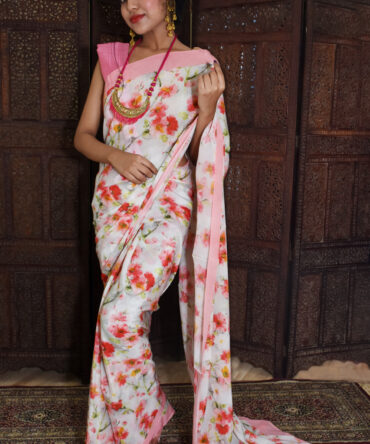 off- White Floral crepe silk Print Saree