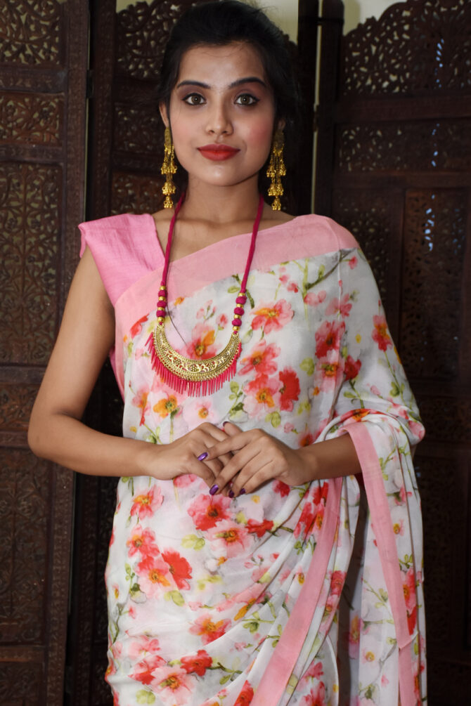 off- White Floral crepe silk Print Saree
