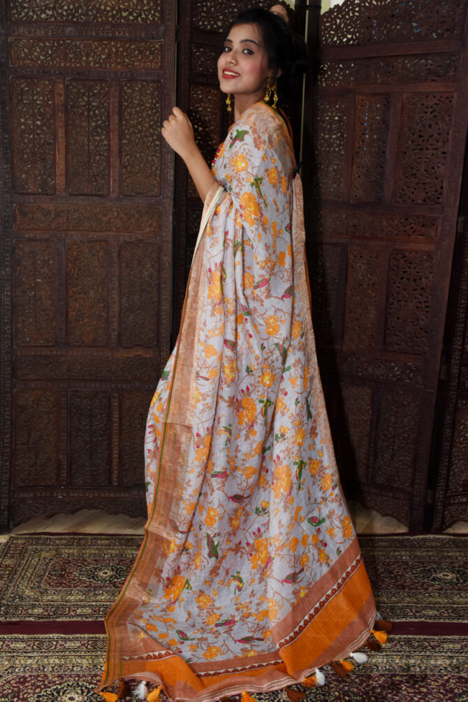 Pastel Purple Floral Linen Digital Print Saree