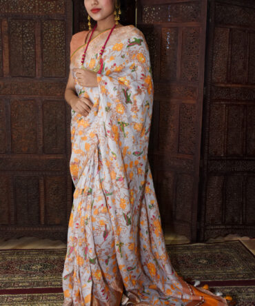 Pastel Purple Floral Linen Digital Print Saree