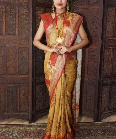 Biege Kalamkari Linen Digital Printed Saree