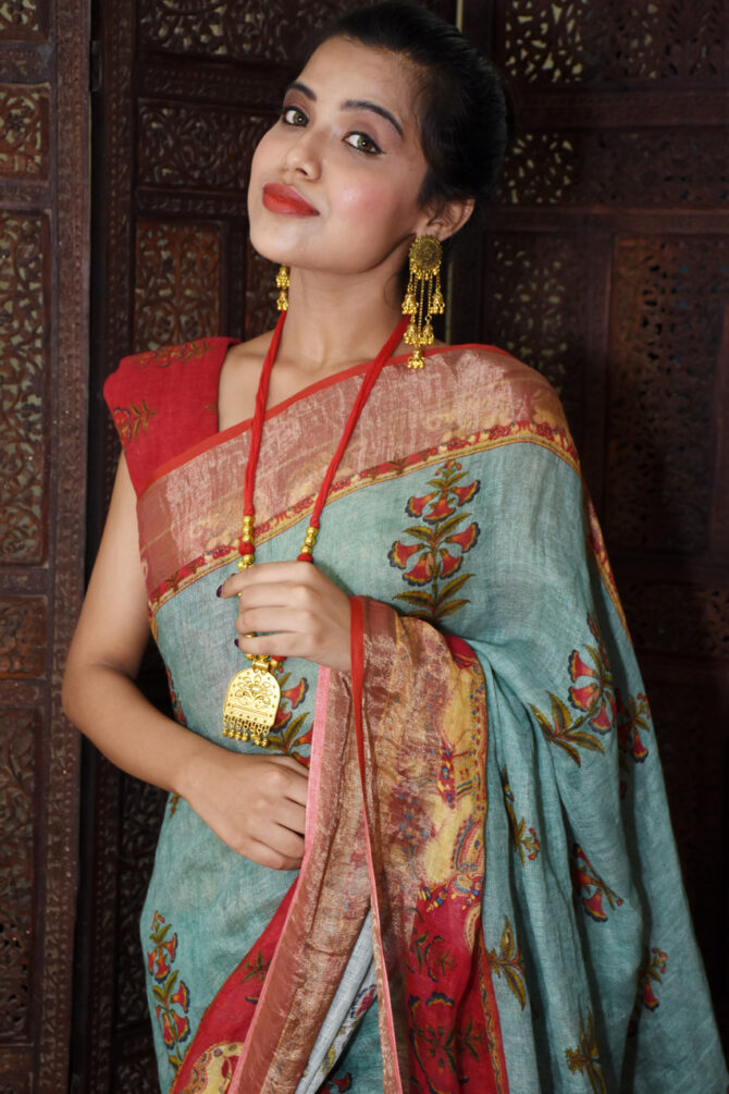 Elephant print Kalamkari Linen Saree