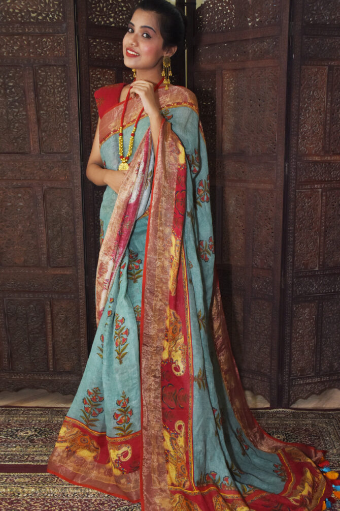 Elephant print Kalamkari Linen Saree