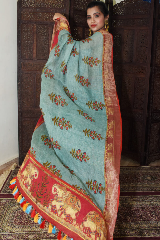 Elephant print Kalamkari Linen Saree