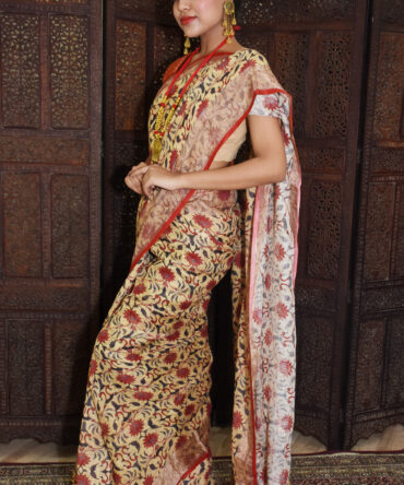 Beige Kalamkari Linen Digital Printed Saree