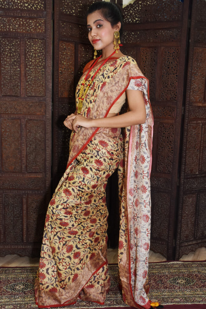 Beige Kalamkari Linen Digital Printed Saree