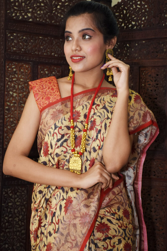Beige Kalamkari Linen Digital Printed Saree