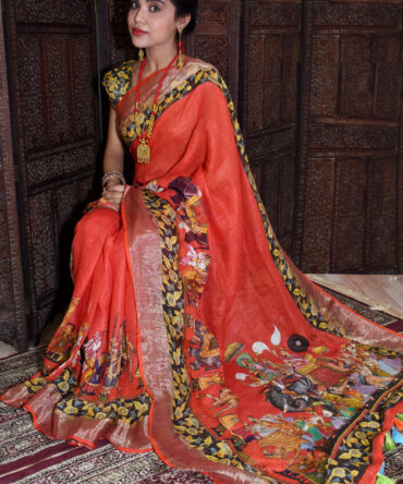 RED Kalamkari Linen Digital Printed Saree