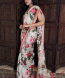 Pink and White Floral Silk Linen Digital Printed Saree