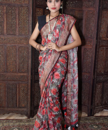Red and Black Floral Linen Digital Printed Saree