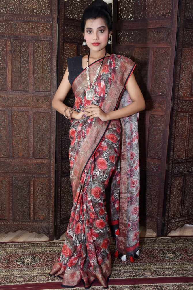 Red and Black Floral Linen Digital Printed Saree
