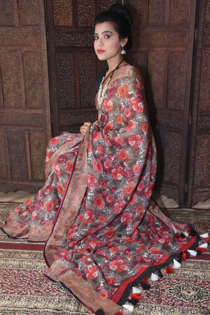Red and Black Floral Linen Digital Printed Saree