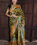 Yellow and Black Mulberry Tussar Kalamkari Print Saree