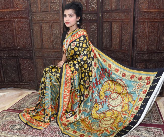 Yellow and Black Mulberry Tussar Kalamkari Print Saree