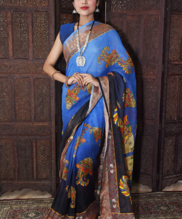 Shaded Blue Fish Printed linen kalamkari Saree