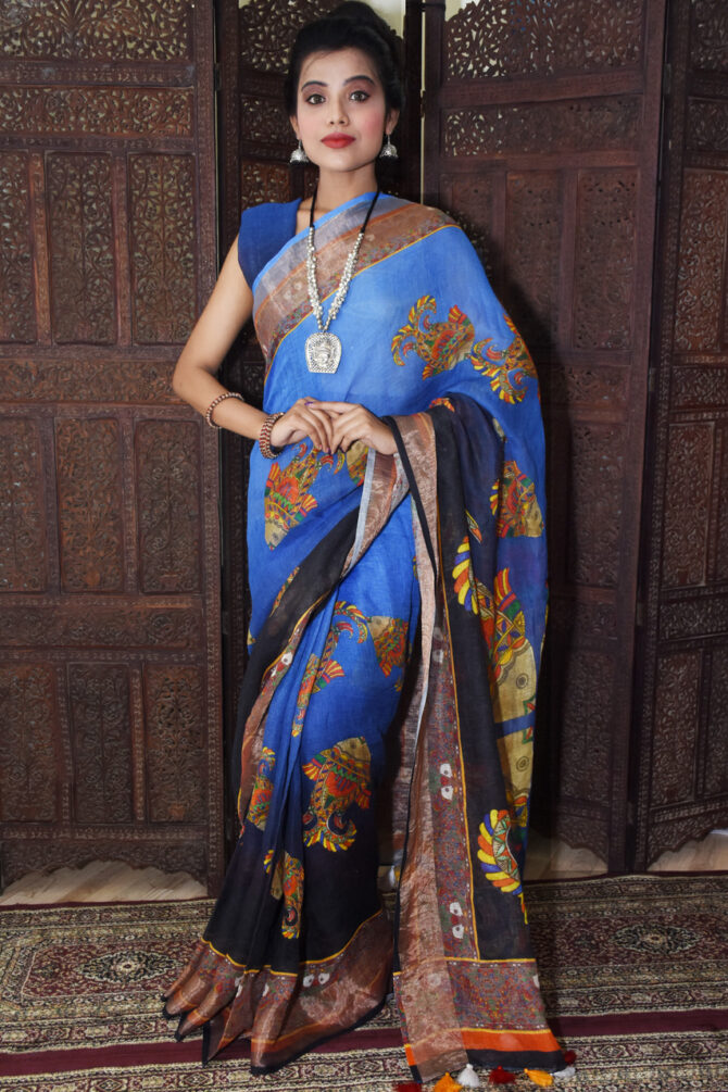 Shaded Blue Fish Printed linen kalamkari Saree