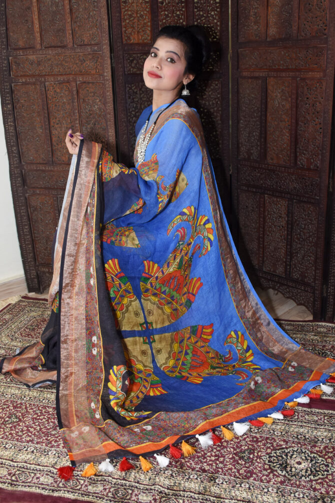 Shaded Blue Fish Printed linen kalamkari Saree