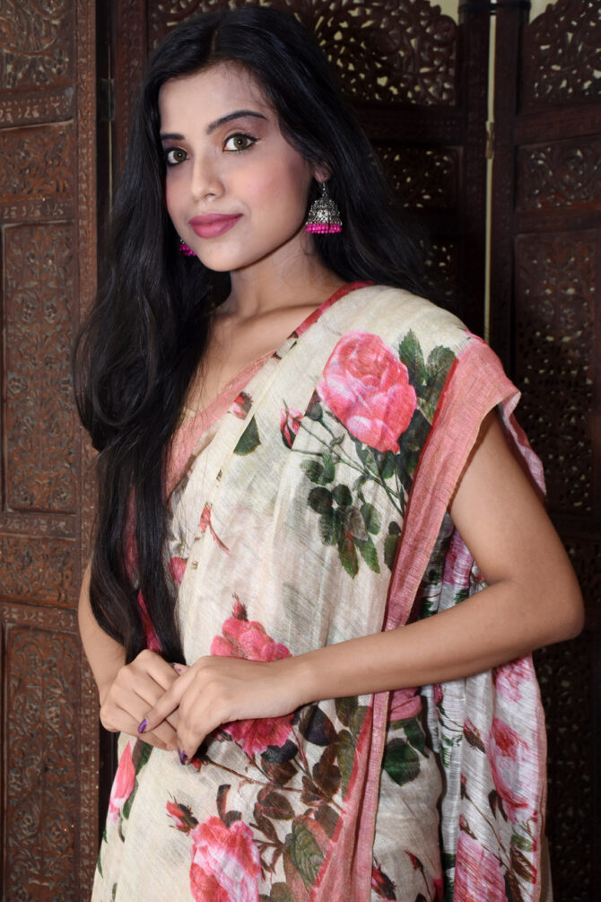 Pink and White Floral Silk Linen Digital Printed Saree