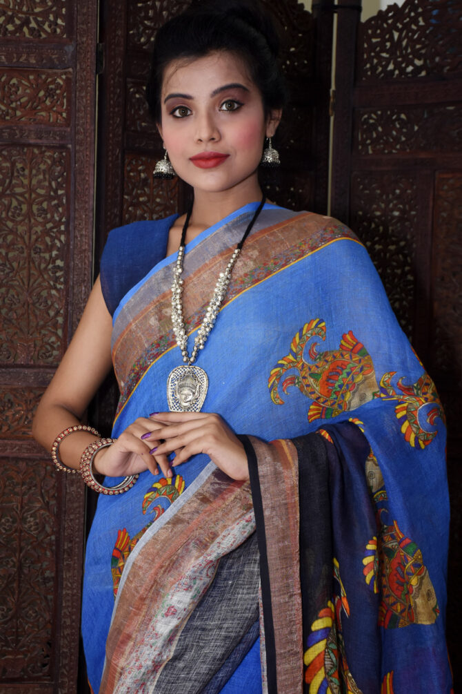 Shaded Blue Fish Printed linen kalamkari Saree