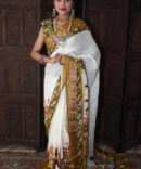 Yellow and White Kalamkari Linen Digital Printed Saree