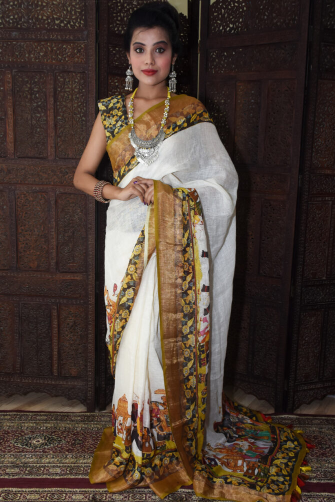 Yellow and White Kalamkari Linen Digital Printed Saree