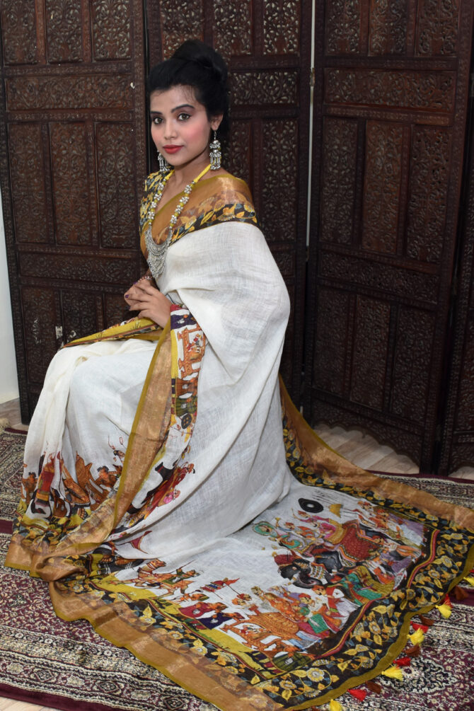 Yellow and White Kalamkari Linen Digital Printed Saree
