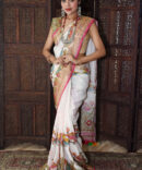 Pink and White Bird Print Linen Digital Printed Saree