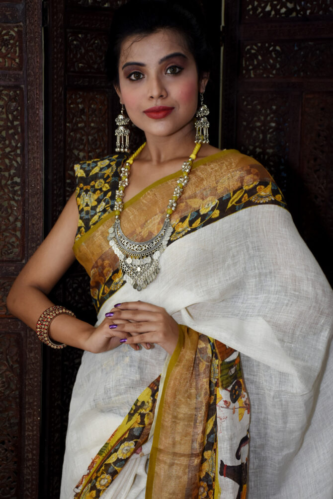 Yellow and White Kalamkari Linen Digital Printed Saree