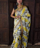Yellow and Black Floral Linen Digital Printed Saree