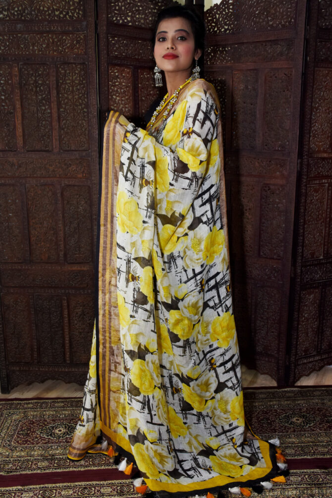 Yellow and Black Floral Linen Digital Printed Saree
