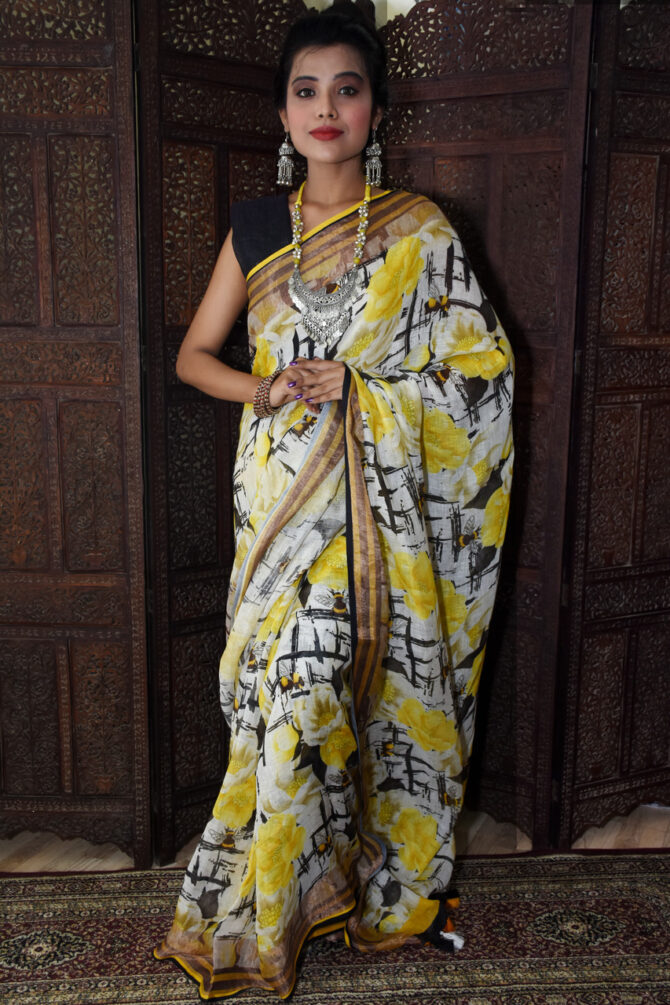Yellow and Black Floral Linen Digital Printed Saree