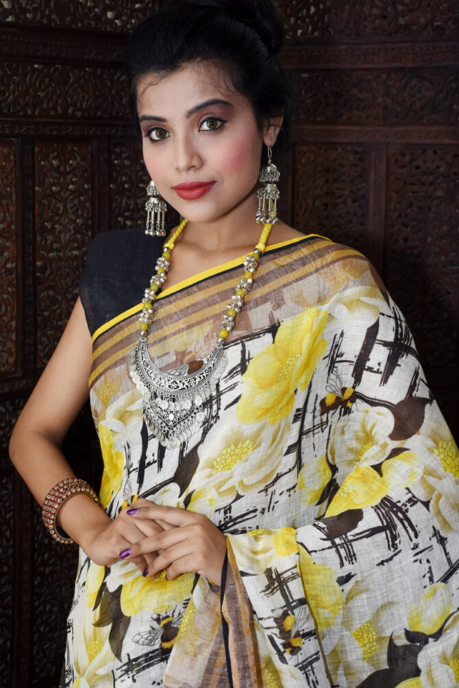 Yellow and Black Floral Linen Digital Printed Saree