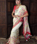 White and Red Aesthetic Floral Linen Saree