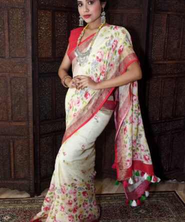 White and Red Aesthetic Floral Linen Saree