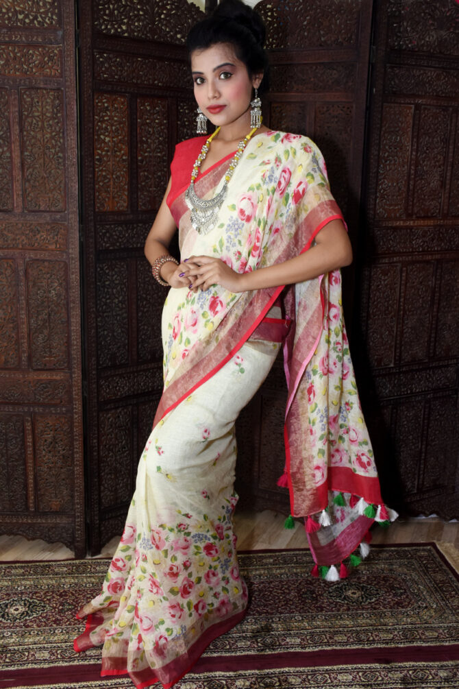 White and Red Aesthetic Floral Linen Saree