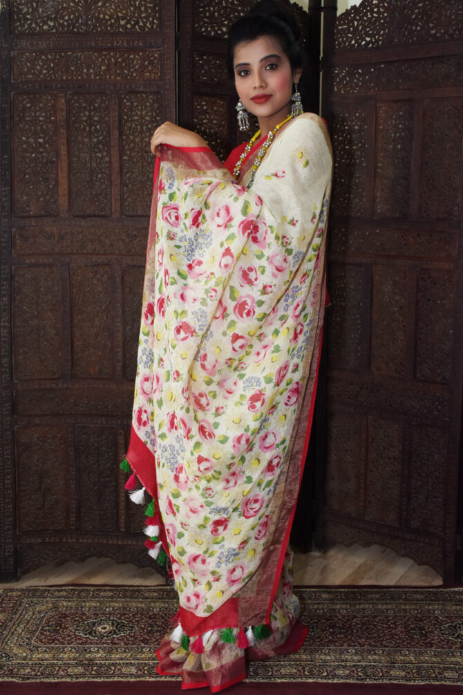 White and Red Aesthetic Floral Linen Saree